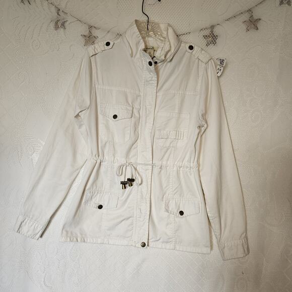 Marci Small Women 100% White Cotton Cargo Jacket Snap Buttons Tie Waist Utility - Picture 1 of 9